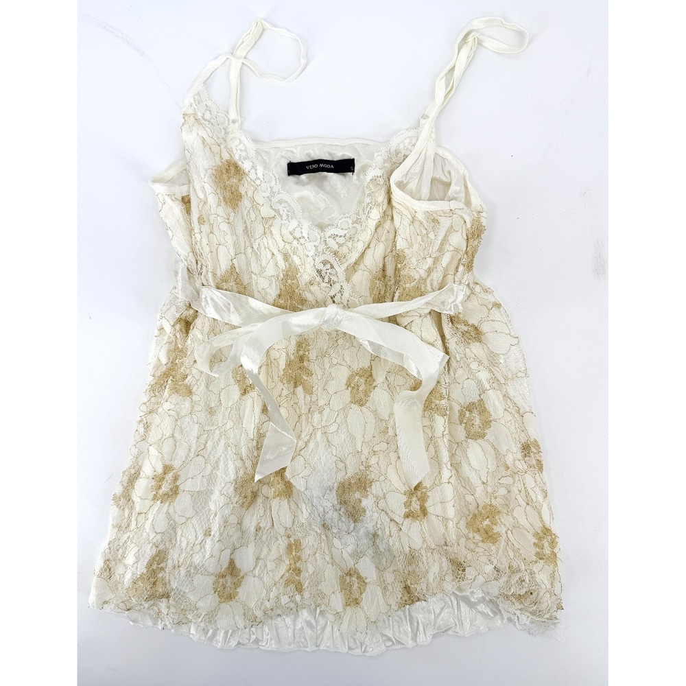 Vero Moda Y2K Cami Top S Floral Lace Gold Cream Ribbon Tie Fairycore 10001902